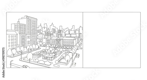 Line art sketch of a city square with surrounding buildings.