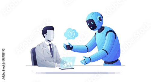 Robot presenting data to business man.