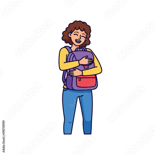 Woman with purple backpack smiling and holding bag close