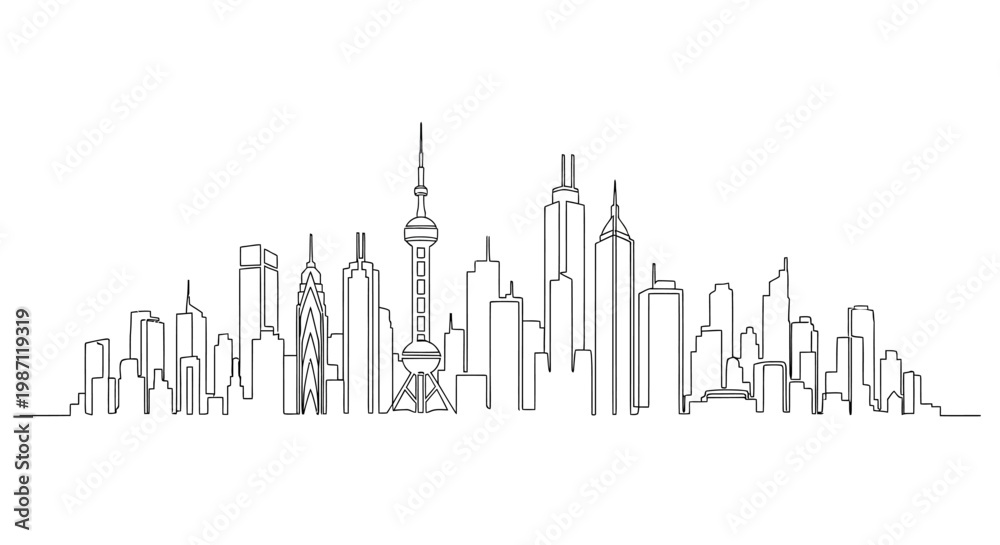Fototapeta premium Continuous single line drawing of Shanghai city skyline.