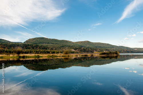 Bild auf Leinwand Landscape Siberian river Yenisei in Krasnoyarsk among stones mountain summer