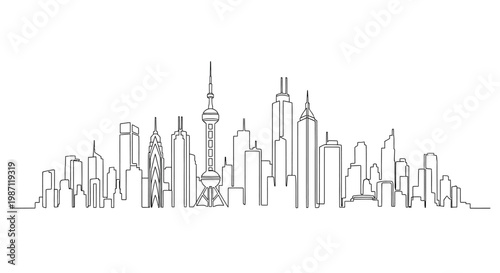 Continuous single line drawing of Shanghai city skyline.