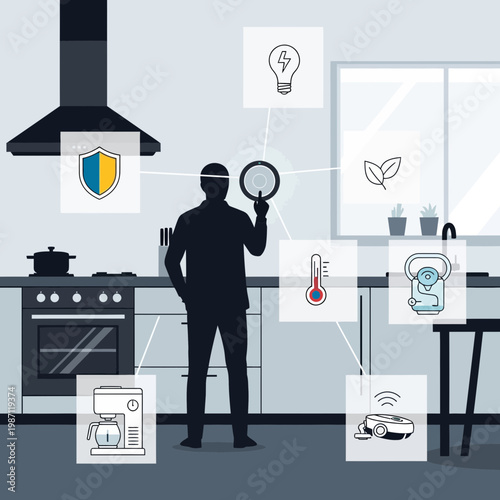Person Using Smart Home Devices in Modern Kitchen Environment