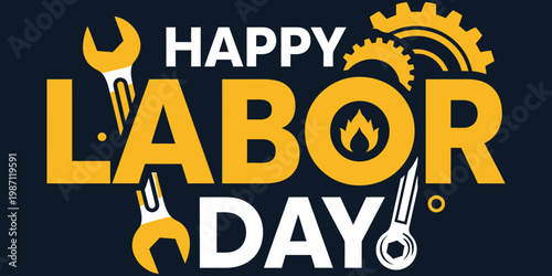Happy labor day illustration with tools and festive decorations