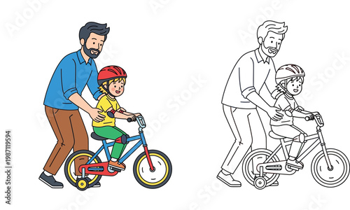 Father teaching child to ride a bicycle vector illustration with black and white line art coloring page outline