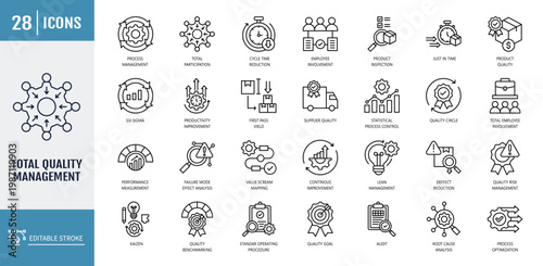 Total quality management icon set. Icons related to continuous improvement, customer satisfaction, assurance. Outline icon set. Vector illustration with editable stroke