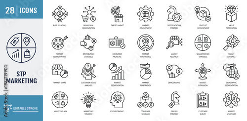 Stp marketing icon set. Icons related to target audience, customer needs, value proposition, loyalty program, marketing mix, retention. Outline icon set. Vector illustration with editable stroke