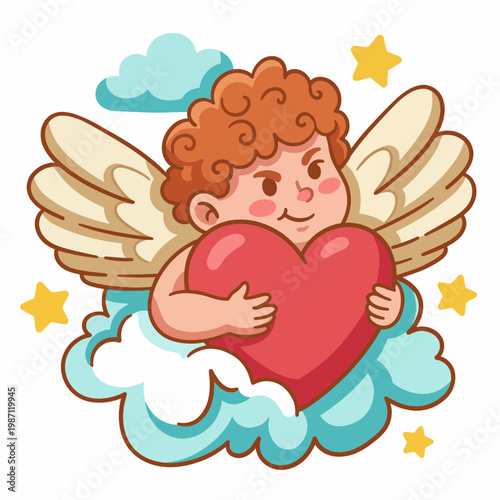 The image features an adorable cherub holding a large heart, surrounded by fluffy clouds and stars, representing love and innocence in a charming, illustrative style.