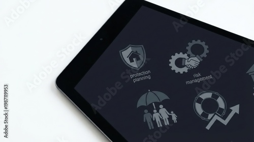 Tablet Display Showing Insurance And Finance Icons.
