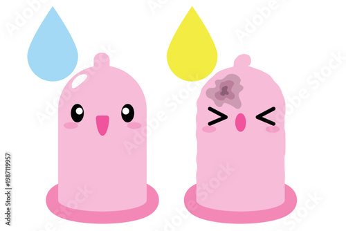 Torn latex condom, cute condom character. Instructions for use. Oil based and water based lubricants. Protection, contraception. Broken condom, unwanted pregnancy. Safe sex, contraception. Cute emoji 