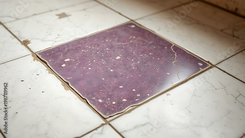 A worn purple porphyry tile set within white marble, ancient floor detail.
