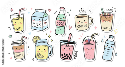 Cute Kawaii Drink Sticker Set - Juice Milk Soda Coffee Boba Smoothie