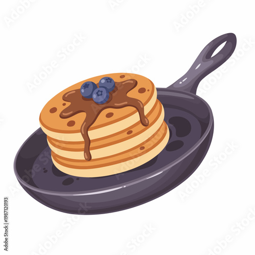 Fluffy breakfast pancakes stacked high and topped with fresh blueberries and syrup, ideal for showcasing comfort food's inviting and satisfying qualities.