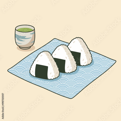 An inviting representation of three perfectly shaped onigiri rice balls accompanied by a cup of green tea, reflecting the beauty and simplicity of Japanese culinary traditions.