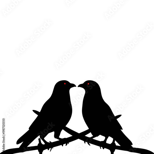 Two black birds sitting facing each other on a branch  