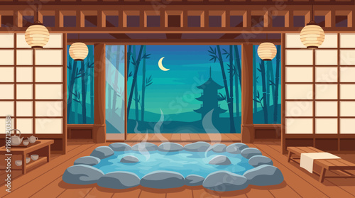 This captivating image features a peaceful hot spring surrounded by smooth stones, viewed from a traditional Japanese-style room with a stunning nightscape outside.