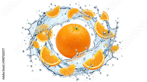 Orange with Water Splash on White Background