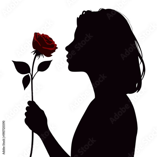 Silhouette of woman holding red rose and contemplating for Rose Festival  