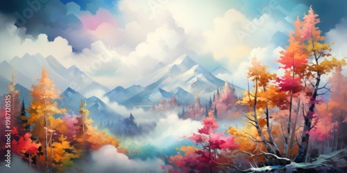 watercolor illustration of mountain landscape with blooming trees