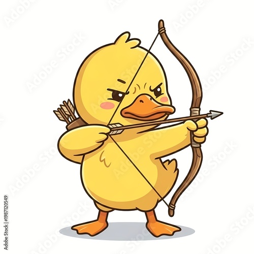 Cute Kawaii Duckling Archer Aiming with Bow and Arrow - Chibi Yellow Duck Mascot Character in Archery Pose Vector Illustration
