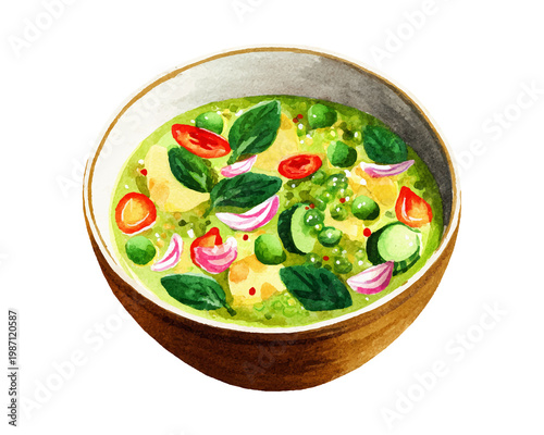 Bild auf Leinwand Freshly prepared green soup with basil leaves and vegetables PNG