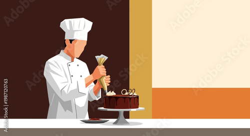 Professional Pastry Chef Decorating Chocolate Cake with Cream - Vector Illustration with Copy Space