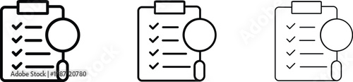 Minimalist clipboard checklist icons with magnifying glass, audit and inspection report symbols, set of 3 line weight variations for business analysis