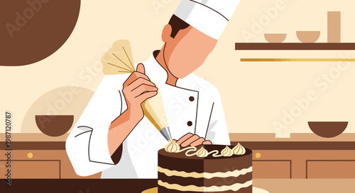 Male Pastry Chef Decorating Chocolate Layer Cake with Cream Piping Bag, Bakery and Cake Making Illustration.