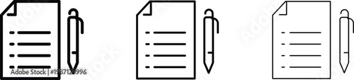Minimalist document and pen icon set, black outline paper with ballpoint pen vector, professional business note taking and writing icons