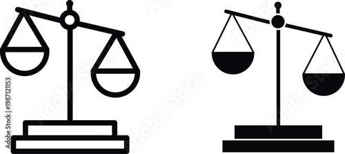 Justice scales of balance vector icons, black law and legal system symbols, minimalist judicial weight scale set for court and advocacy branding