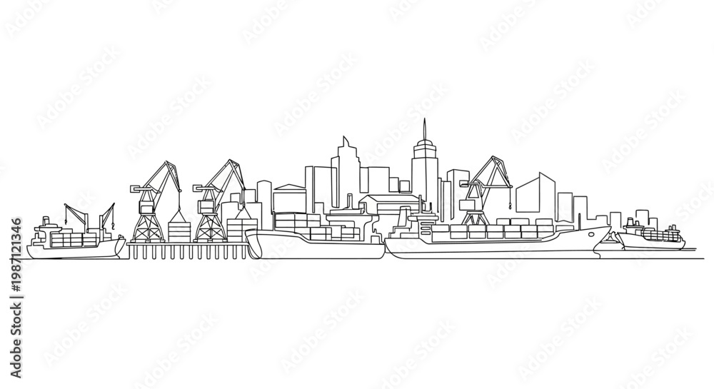 Obraz premium Continuous line drawing of a bustling industrial harbor and cityscape skyline.