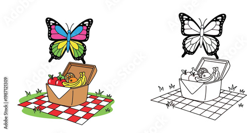 Butterfly and Picnic Basket Coloring Page for Kids, Summer Outdoor Activity Illustration, Colored and Outline Vector Art Set