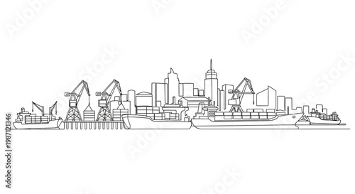 Continuous line drawing of a bustling industrial harbor and cityscape skyline.