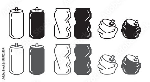 Vector set of aluminum soda cans in various stages of crushing, crushed and crumpled tin can icons for recycling and waste management