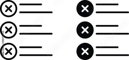 Minimalist error list icons, black and white rejected items vector set, flat line interface elements for task management and data validation