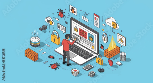 Cybersecurity concept with hacker and digital threats illustration.