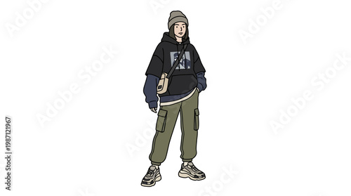 Illustration of a stylish young woman wearing streetwear outfit.