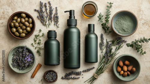 Organic Spa Ingredients with Olives, Herbs, and Essential Oils