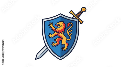 Heraldic Shield Emblem Featuring A Rampant Lion And A Sword.