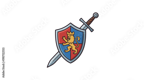 Heraldic Shield with Lion Rampant and Sword Emblem.