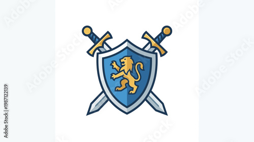 Heraldic Shield Emblem Featuring a Golden Lion and Crossed Swords.