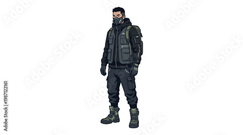 Full body illustration of a futuristic tactical soldier in survival gear.