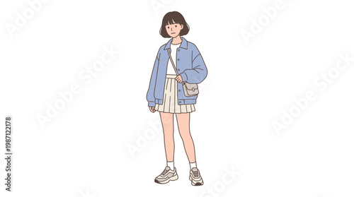 A stylish young girl wearing a denim jacket and pleated skirt illustration.