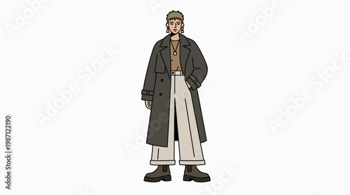 Full length illustration of a stylish young person wearing a long coat and wide leg trousers.
