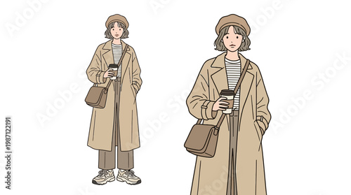 Illustration of a stylish woman wearing a trench coat and beret.