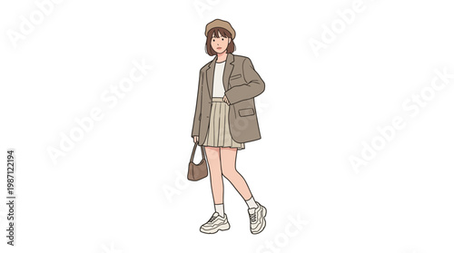 Stylish young woman wearing a blazer and beret holding a handbag.