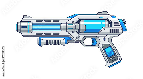 Futuristic sci-fi energy blaster gun with glowing blue light.