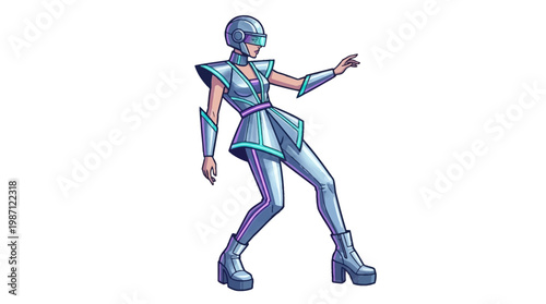 Futuristic silver space traveler woman dancing in metallic retro sci-fi outfit.