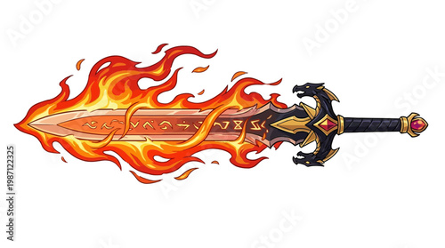 Fantasy glowing magical sword engulfed in mystical flames.