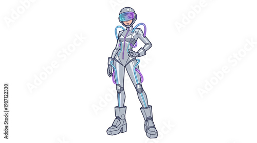 Futuristic Female Astronaut Character Illustration in Silver Space Suit.